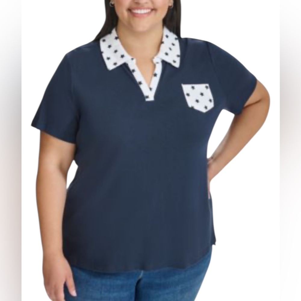 TOMMY HILFIGER STAR PRINT POLO SHIRT COTTON WOMENS SHORT SLEEVE BLUE COLOR SZ 1X